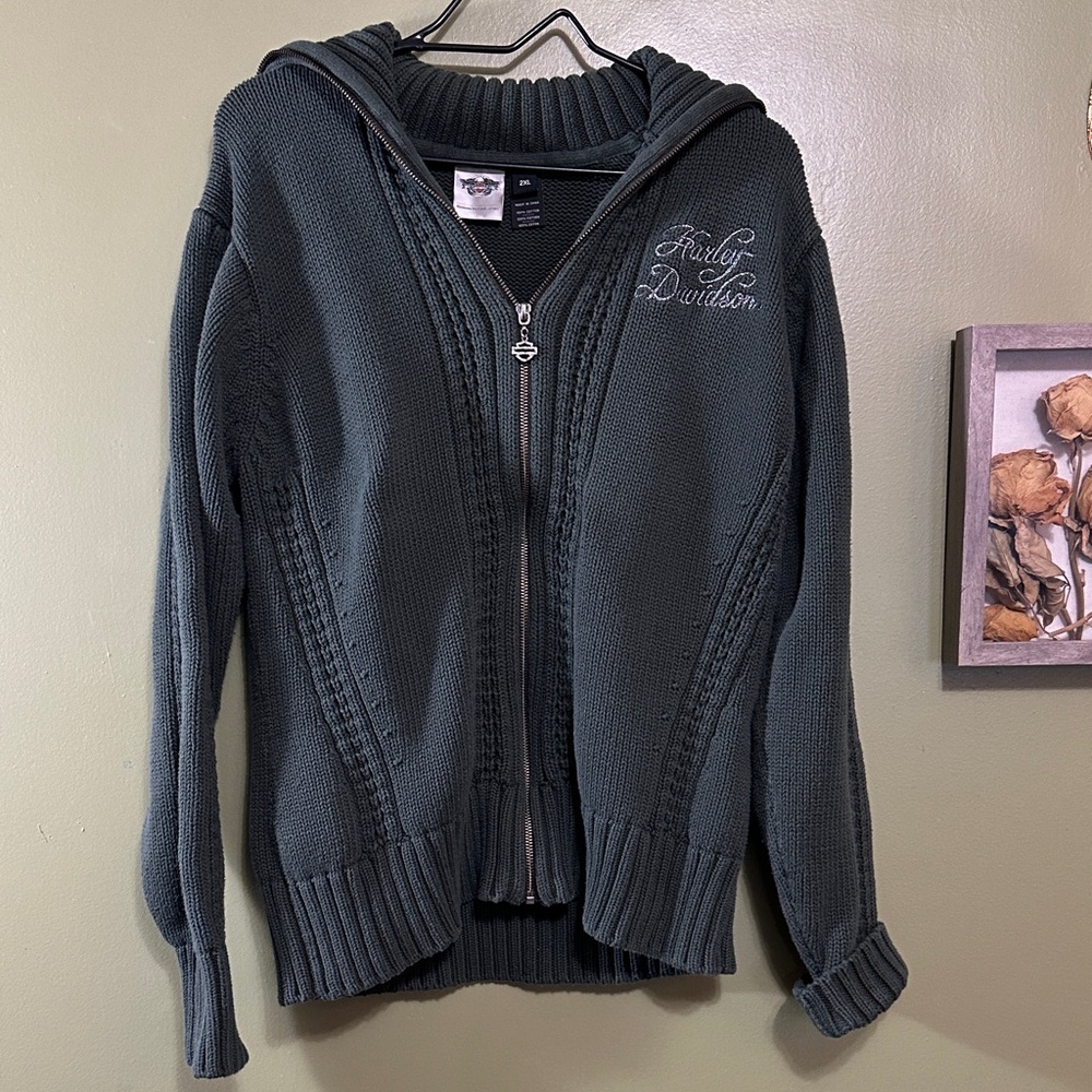 Harley-Davidson Women’s Knitted Green Zip Up Sweater Size 2XL 100% cotton